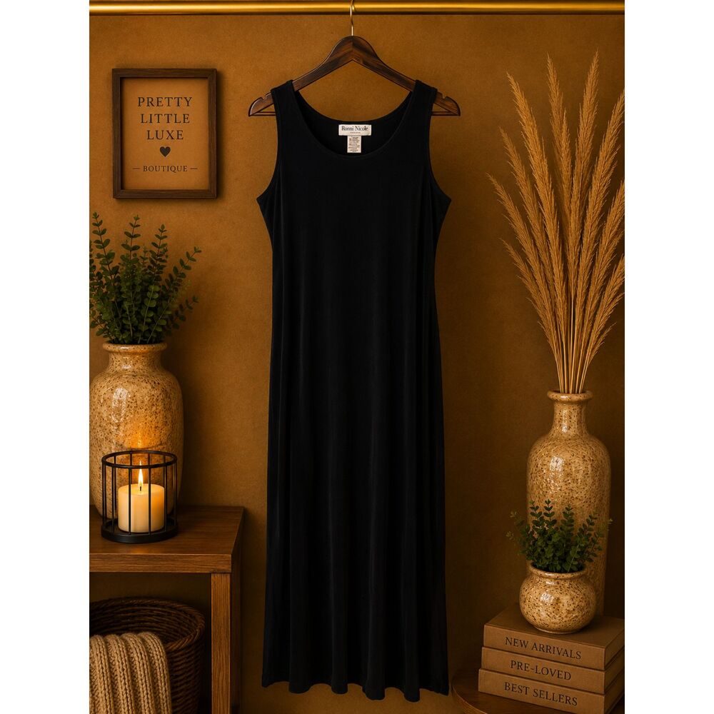 Vintage 90s Ronni Nicole Black Velvet Maxi Dress Sleeveless Side Slit Gown 10